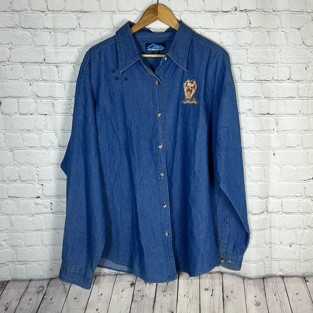 Tri-Mountain Womens Vintage Embroidered Dog‎ Jean Denim Shirt size 2XL